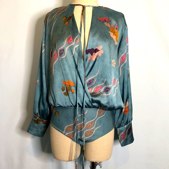 #134 Zara accessories long sleeved teal floral Faux Silk bodysuit Small - Picture 7 of 15
